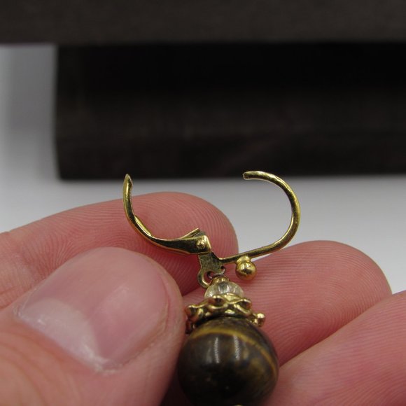 Gold Tone Brown Stone Dangle Earrings Vintage - Picture 2 of 4